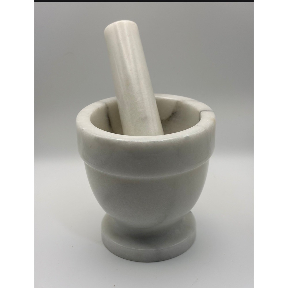 White Marble Mortar and Pestle Set Natural Stone Herb Spice Grinder Footed 4.5in
